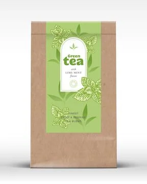 Craft Paper Bag with Fruit and Berries Tea Label. Realistic Vector Pouch Stock Illustration