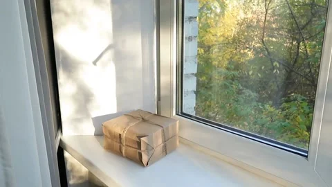 Craft paper box, package on a window seel. Stock Footage 173504673
