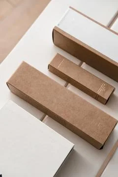 Craft paper cosmetic boxes, packaging mockup Stock Photos