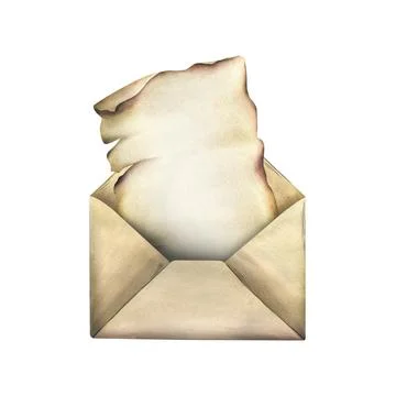 Craft paper envelope with antique sheet of paper. Hand drawn watercolor Stock Illustration