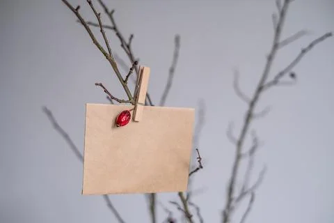 Craft paper handmade Envelope hangs on a tree branch at home Stock Photos
