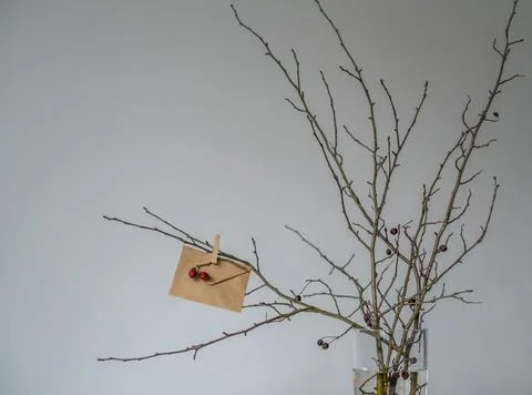 Craft paper handmade Envelope hangs on a tree branch at home Stock Photos