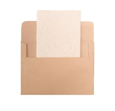 Craft paper open envelope holding blank textured card for message, mail Stock Photos