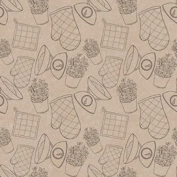 Craft pattern of contour illustrations of kitchen utensils  mint, scales, pot Stock Illustration