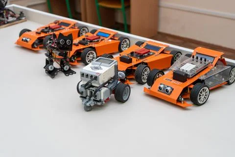 Craft for robotics class. Robot car made from LEGO construction kits and motors 스톡 사진