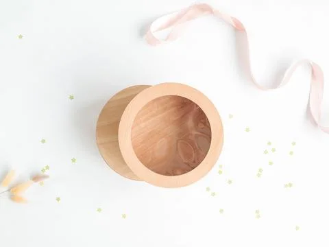 Craft round boxes on a festive background. Top view, place for text and log.. Stock Photos