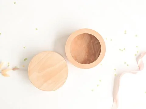 Craft round boxes on a festive background. Top view, place for text and log.. Stock Photos