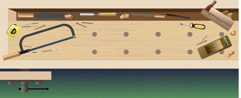 Craft table, carpentry workbench for the workshop. View from above. Vector il Stock Illustration