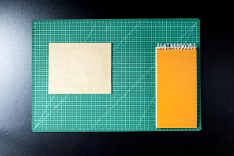 Craft table with clipboard, note sticker pen, pencil, paper scissors and card Stock Photos