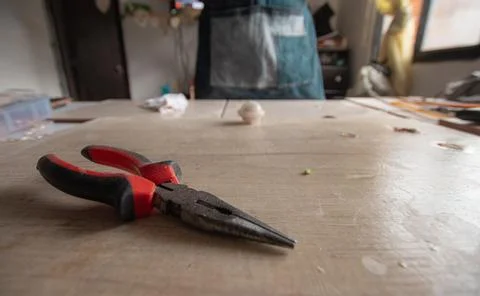 Craft table with tools Stock Photos