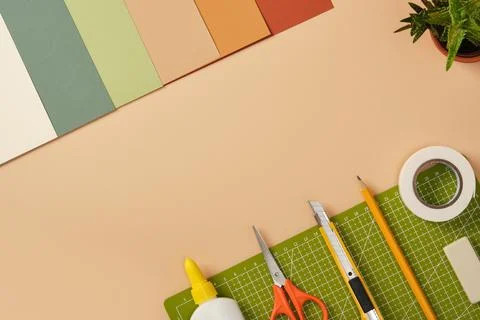 Craft tools on a desk. Creative workspace for art and handmade design prepa.. Stock Photos