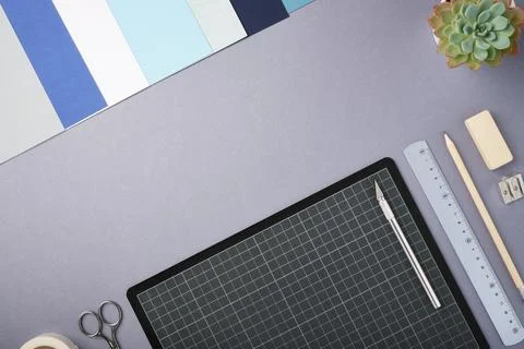 Craft tools on a desk. Creative workspace for art and handmade design prepa.. Stock Photos