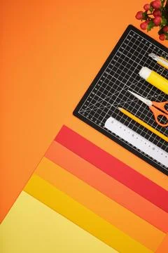 Craft tools on a desk. Creative workspace for art and handmade design prepara Stock Photos