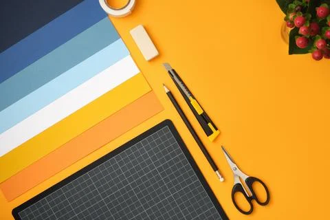 Craft tools for paper art projects. Creative workspace for art and handmade d Stock Photos