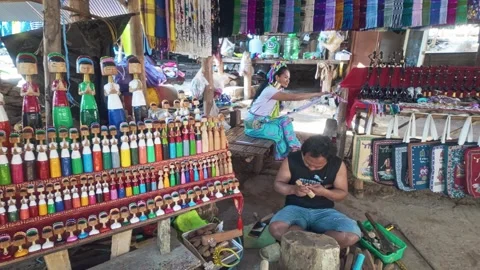 Crafted Figurines And Weave Textiles At Long Neck Karen Tribe Near Chiang Mai Stock Footage 332398439