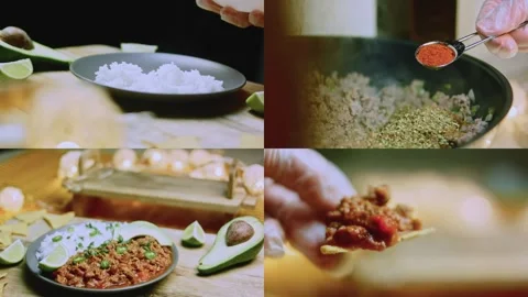 Crafted food study of recipe collage from skillet to table Stock Footage 342153649