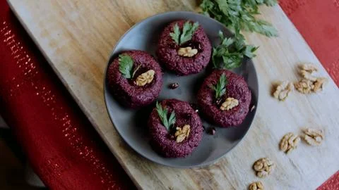 Crafted premium food angle: capturing walnut and beet texture Stock Photos