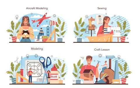 Crafting and modeling school course set. Teacher learning students to craft Stock Illustration