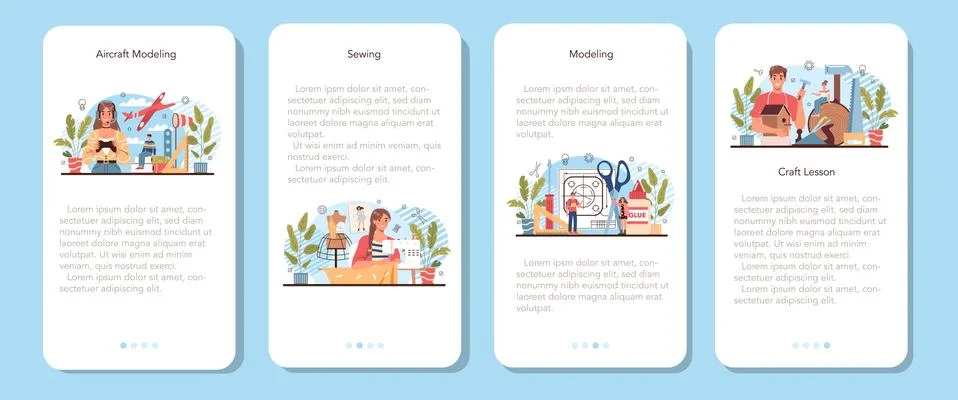 Crafting and modeling school course mobile application banner set Stock Illustration