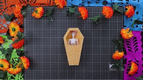 Crafting coffin cardboard box with skeleton and marigolds for Day of the Stock Footage 274336392