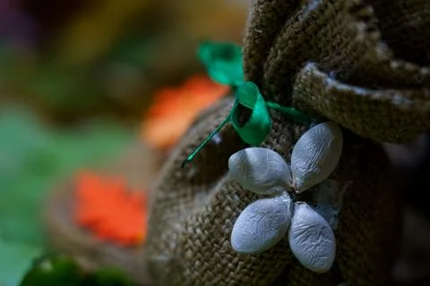 Crafting small bags with decorative elements for art projects or gifts in a Stock Photos