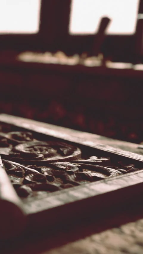 Crafting tools on a wooden surface in a workshop during the afternoon Stock Footage 338412715