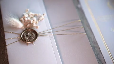 Crafting a unique invitation with natural elements and a wax seal in a well-lit Stock Footage 328281875