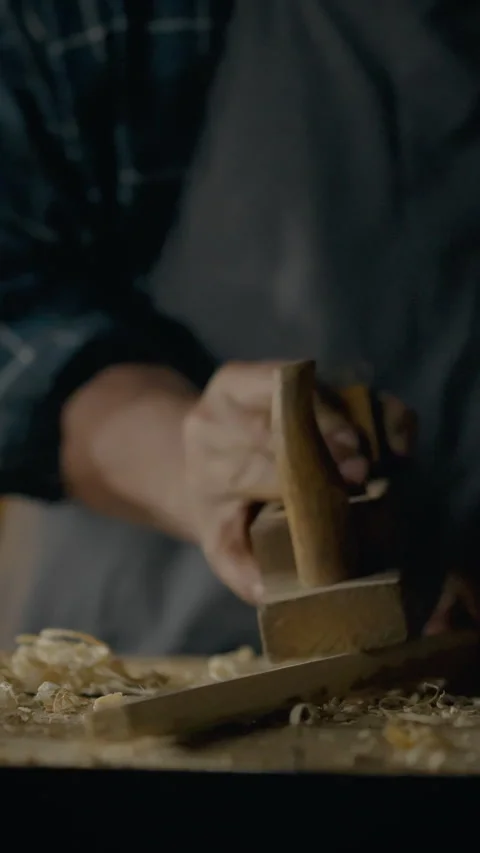 Crafting wood with precision using a hand plane in a workshop setting during Stock Footage 331540561