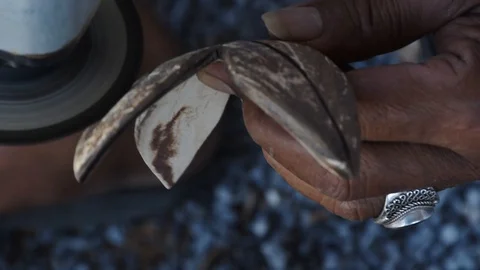 Crafts from coconuts shells and and carpentry tools Stock Footage 128893470