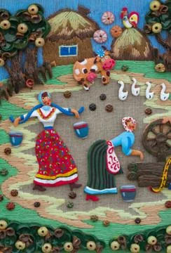 Crafts - embroidery and applique on the canvas on the topic of rural life. Foto stock