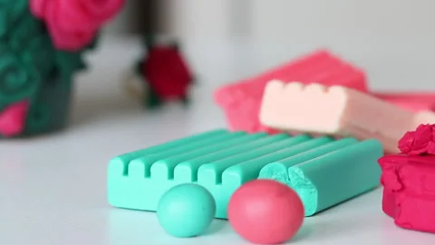 Crafts from polymer clay in different colors. Items decorated with polymer cl Stock Footage 134565491