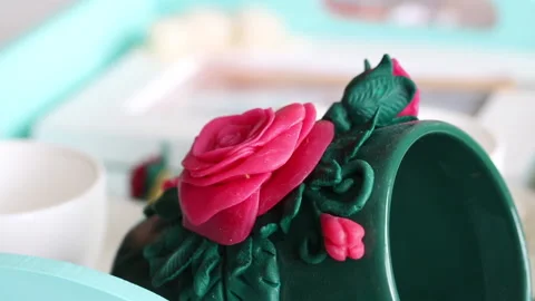 Crafts from polymer clay in different colors. Items decorated with polymer cl Stock Footage 134565578