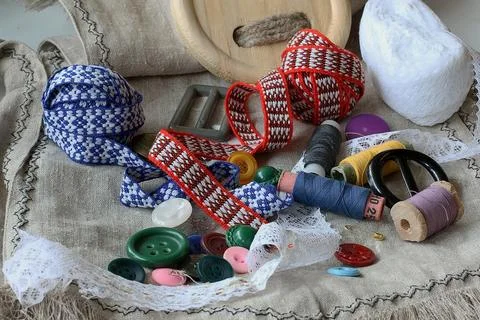 Crafts thread dressmaking scissors buttons Foto stock