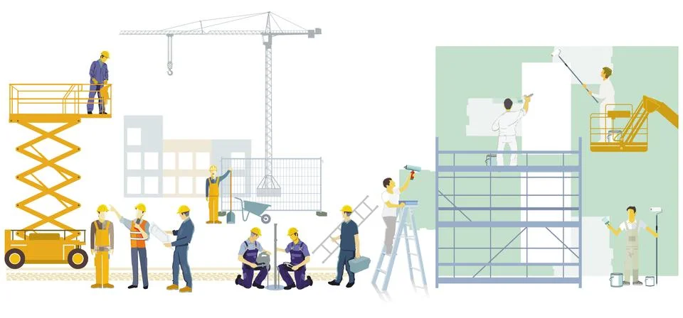 Craftsman and construction worker on the construction site, illustration Stock Illustration