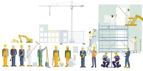 Craftsman and construction worker on the construction site, illustration Stock Illustration