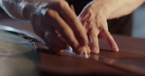 Craftsman drawing line on leather Stock Footage 172488992