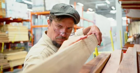Craftsman Inspects Lumber in Hardware Store Aisle Stock Footage 323788787