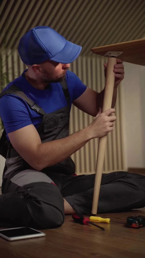 Craftsman repairs a wooden object using tools in a workshop with focus on 스톡 동영상 294915863