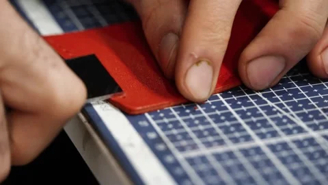 Craftsman scoring leather wallet edge with utility knife for glue prep Stock Footage 312258817