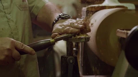 Craftsman Shaping Wood on Lathe with Chisel Stock Footage 307169950