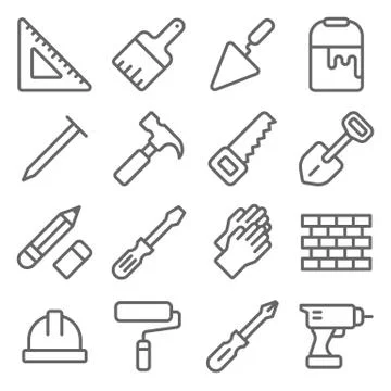 Craftsman Tool Icon Set. Ruler, Paint brush, Brick ,Saw, Hammer Stock Illustration