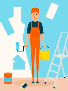 Craftsman worker paint the wall. Vector cartoon character in flat style design Illustrazione stock