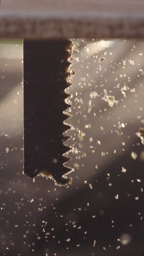 Craftsman's Touch: Slow Motion Vertical Jigsaw Woodcut close up Stock Footage 269906185