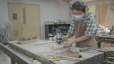 Craftsmanship in Action: Woodworking Workshop Scene Stock Footage 329374825