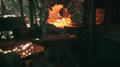 Craftsmanship within an old forge showcasing the art of blacksmithing Stock Footage 331420597