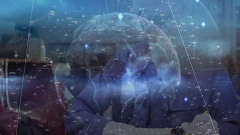 Craftsperson lifting leather, activating AR globe with data nodes, marking lines Stockbeeldmateriaal 312771120