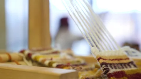 Craftswoman on background. Handmade background. Threads are stretched like Stock Footage 133662086