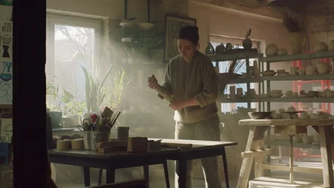 Craftswoman Is Working With Raw Clay Stock Footage 161236348