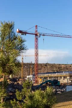 Crain on construction site of building. Construction background Stock Photos