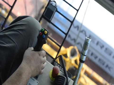 Crain man holding control stick, cabin view Video stock 71360137